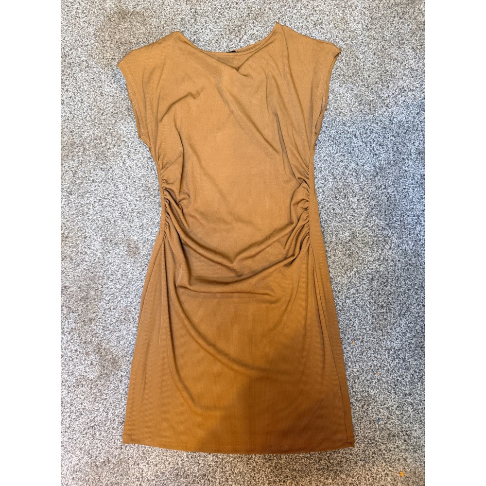 Cider Tan Ribbed Ruched Side Mini Dress Sleeveless Boat Neck Size L